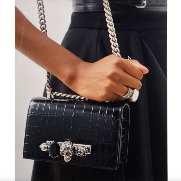 Alexander McQueen Black Croc Embossed Leather Jeweled Satchel Chain Bag